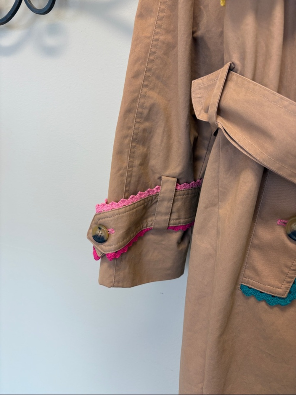 Beige Trench Coat with Pink Trim - Women's Classic Belted Coat - Picture 2 of 6